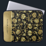 Housse Pour Ordinateur Portable Motif Damas noir & or monogramme<br><div class="desc">Arrière - plan noir élégant monogrammé (changeable à n'importe quelle couleur) et damas floraux aux tons or.</div>