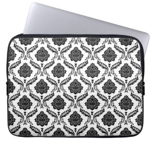 Housse Pour Ordinateur Portable Motif Damassé Rococo Noir sur Fond Blanc