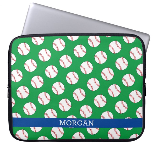 Housse Pour Ordinateur Portable Motif de baseball, Nom, Bleu & Vert (Devant)