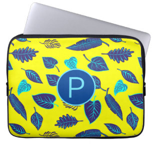 Housse Pour Ordinateur Portable Motif de feuille tropicale jaune vif monogramme