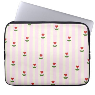 Housse Pour Ordinateur Portable Motif de fleur en forme de cœur doux – Rayures ros