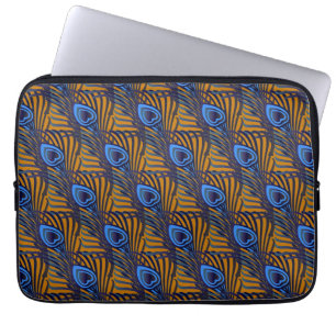Housse Pour Ordinateur Portable Motif de plumes de paon bleu et orange de minuit