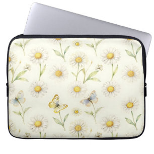 Housse Pour Ordinateur Portable Motif de prairie à marguerite et papillon à l'aqua