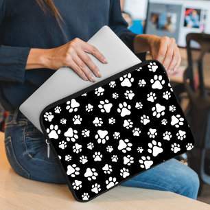 Housse Pour Ordinateur Portable Motif des pattes, Empreintes de pattes, noir et bl