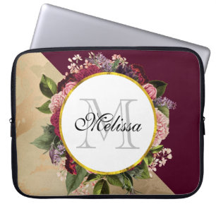 Housse Pour Ordinateur Portable Motif en marbre d'or et Monogramme de fleurs de Bo