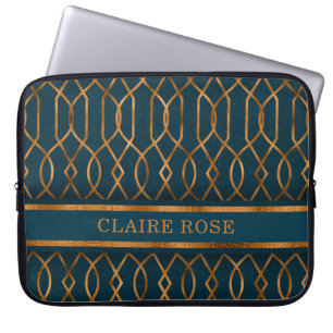 Housse Pour Ordinateur Portable Motif en treillis or Turquoise géométrique chic