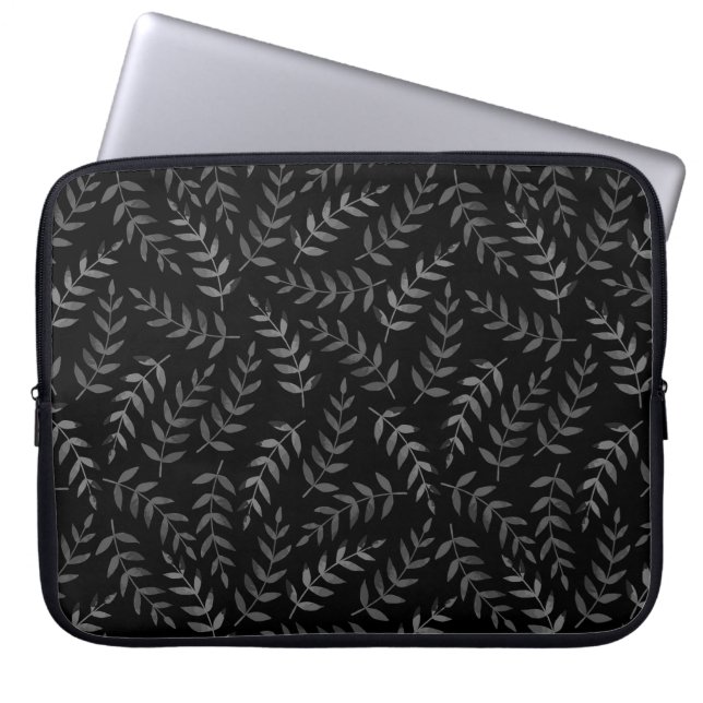 Housse Pour Ordinateur Portable Motif feuille gris sur noir (Devant)