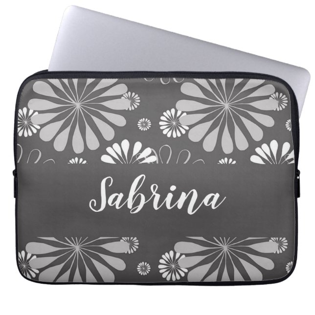 Housse Pour Ordinateur Portable Motif floral blanc et gris (Devant)