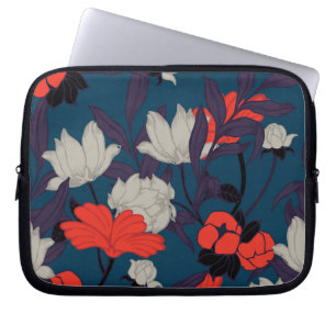 Housse Pour Ordinateur Portable Motif floral bleu et rouge élégant