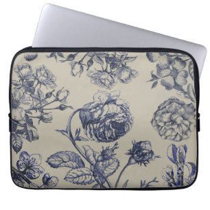 Housse Pour Ordinateur Portable Motif floral botanique toile bleue vintage antique