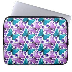 Housse Pour Ordinateur Portable Motif floral de papillon sarcelle et violet