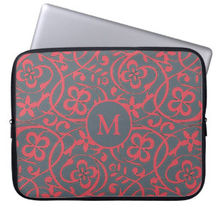 Housse Pour Ordinateur Portable Motif floral orné en monogramme rose et gris