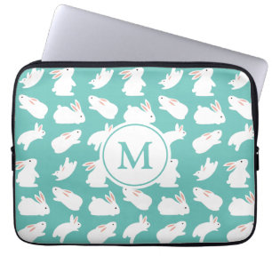 Housse Pour Ordinateur Portable Motif lapin mou sur Monogramme Turquoise
