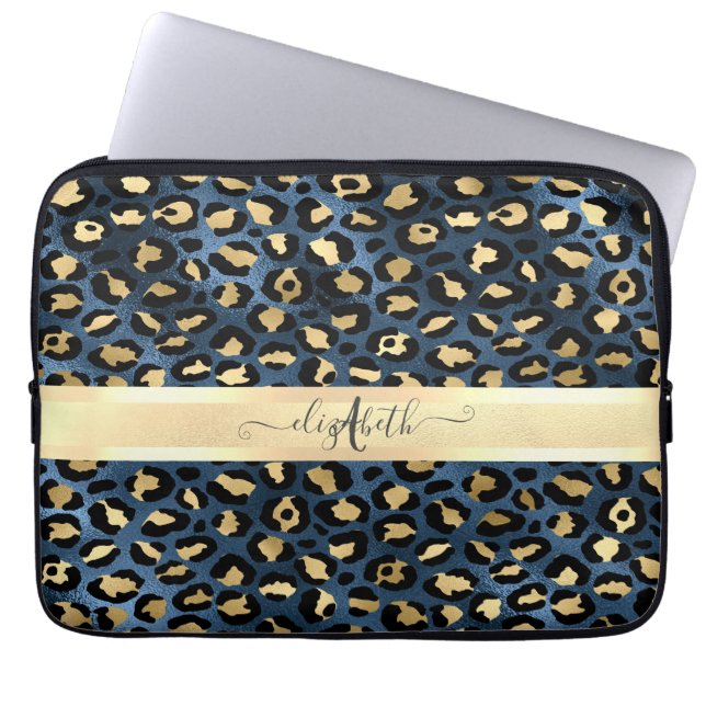 Housse Pour Ordinateur Portable Motif léopard bleu or monogramme  (Devant)