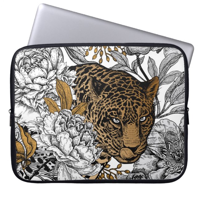 Housse Pour Ordinateur Portable Motif Leopard & Peonies (Devant)