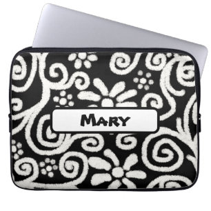 Housse Pour Ordinateur Portable Motif personnalisé tourbillons floraux noir blanc
