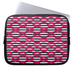Housse Pour Ordinateur Portable Motif rayé du baiser B&W de rouge à lèvres