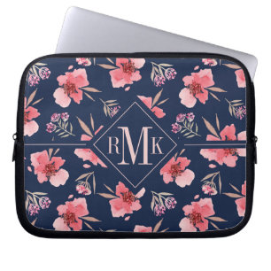Housse Pour Ordinateur Portable Motif rose foncé d'aquarelle du monogramme  