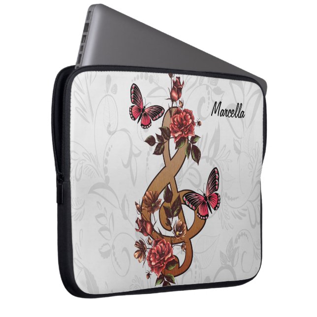Housse Pour Ordinateur Portable Musique Note Roses et papillons (Devant droit)