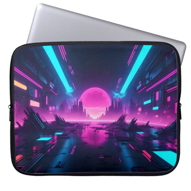 Housse Pour Ordinateur Portable Neon Cyberpunk Cityscape Synthwave Retro Tech (Devant)