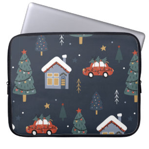 Housse Pour Ordinateur Portable Noël sans couture motif avec arbre de Noël, voitur