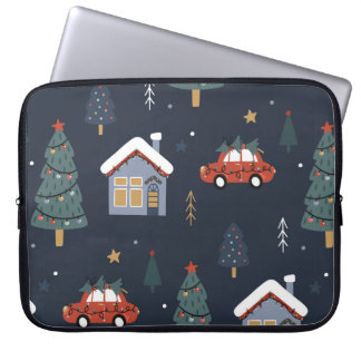 Housse Pour Ordinateur Portable Noël sans couture motif avec arbre de Noël, voitur