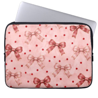 Housse Pour Ordinateur Portable Nœuds en satin rose poussiéreux & points rouges la