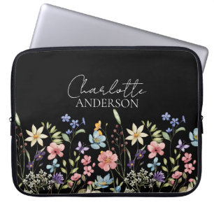 Housse Pour Ordinateur Portable Noir Aquarelle Nom du Fleur sauvage Monogramme