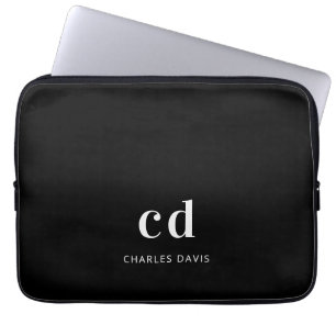 Housse Pour Ordinateur Portable Noir blanc monogramme initialise nom minimaliste