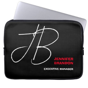 Housse Pour Ordinateur Portable Noir blanc rouge écriture manuscrite Monogramme mi