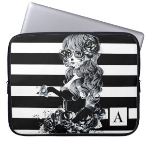 Housse Pour Ordinateur Portable Noir & Blanc Striped Joli Crâne de sucre fille