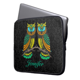Housse Pour Ordinateur Portable Noir Damas Coloré Abstrait Paire De Chouettes