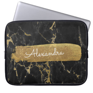 Housse Pour Ordinateur Portable Noir et marbre avec huile or et Parties scintillan