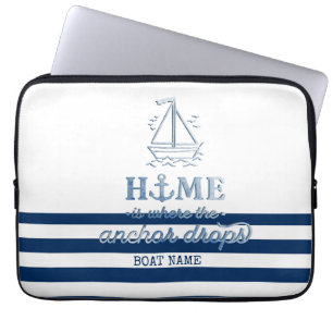 Housse Pour Ordinateur Portable Nom de bateau nautique, ancre rayée bleu marine