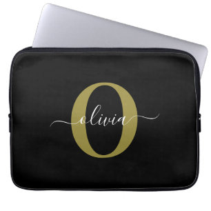 Housse Pour Ordinateur Portable Nom de script de monogramme personnalisé noir blan