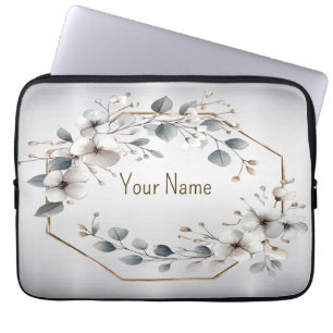 Housse Pour Ordinateur Portable Nom du monogramme Aquarelle Fleur blanche Cadre do