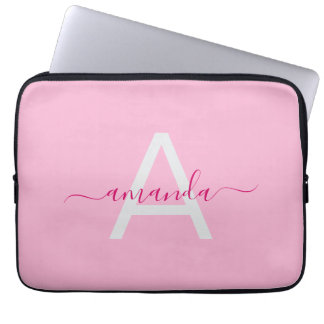 Housse Pour Ordinateur Portable Nom et monogramme personnalisés rose fille simple