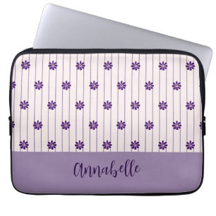 Housse Pour Ordinateur Portable Nom Moderne Bleu & Bandes Violet Motif Floral