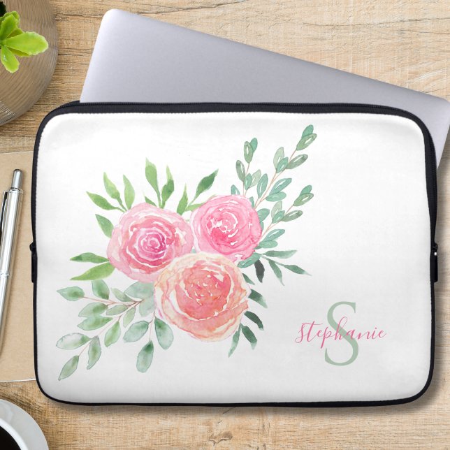 Housse Pour Ordinateur Portable Nom Monogramme Floral Aquarelle (Créateur téléchargé)