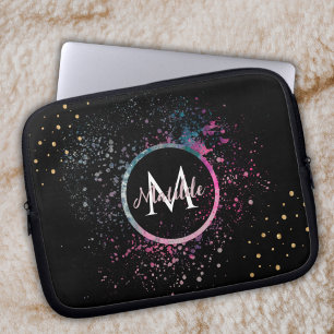 Housse Pour Ordinateur Portable Nom Monogramme Paillettes Faux Or Girly Glam Noir