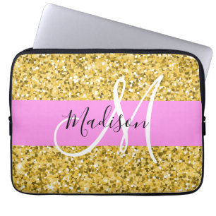 Housse Pour Ordinateur Portable Nom Monogramme Paillettes Rose et Or Glamour