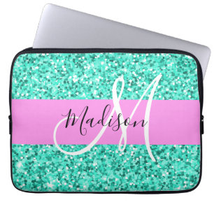 Housse Pour Ordinateur Portable Nom Monogramme Paillettes Turquoise Rose Glamour