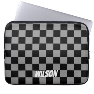 Housse Pour Ordinateur Portable Nom monogramme personnalisé à carreaux noir et gri