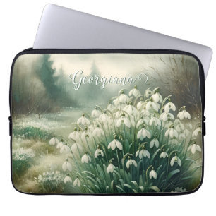 Housse Pour Ordinateur Portable Nom personnalisé Aquarelle Vintage Floral Snowdrop