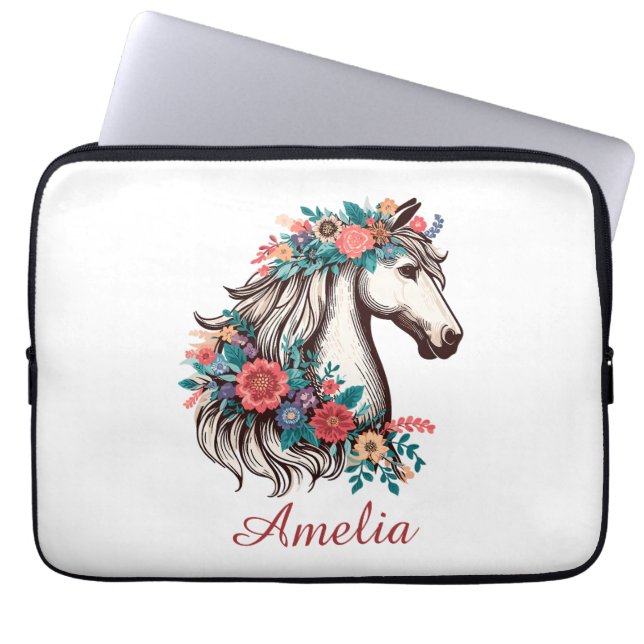 Housse Pour Ordinateur Portable Nom personnalisé Boho Horse avec Fleurs (Devant)