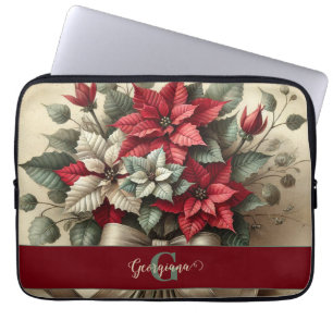 Housse Pour Ordinateur Portable Nom personnalisé Bouquet Vintage Aquarelle Poinset
