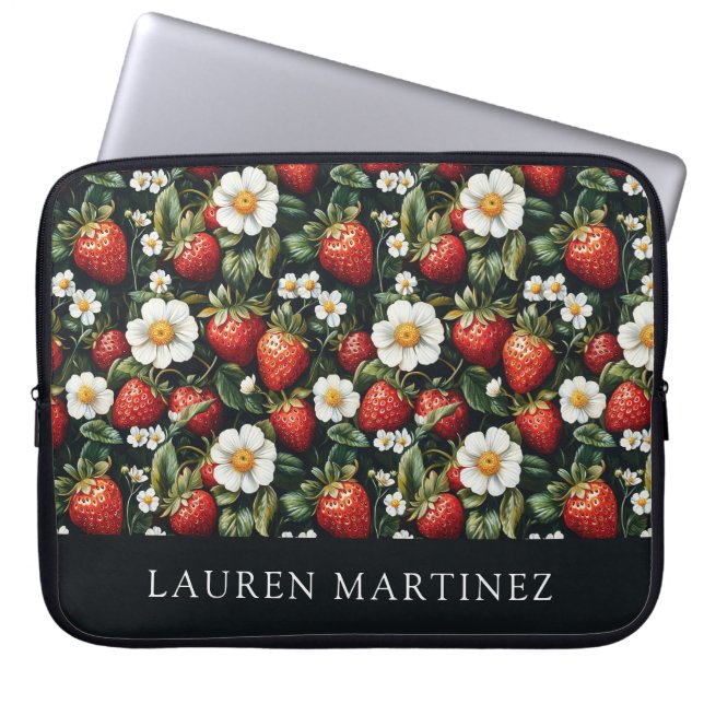 Housse Pour Ordinateur Portable Nom personnalisé Fraises et fleurs (Devant)