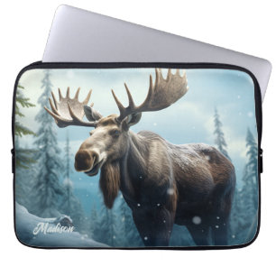 Housse Pour Ordinateur Portable Nom personnalisé Moose d'hiver