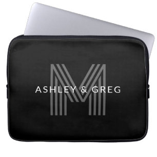 Housse Pour Ordinateur Portable Nom rétro moderne monogramme modifiable noir et gr