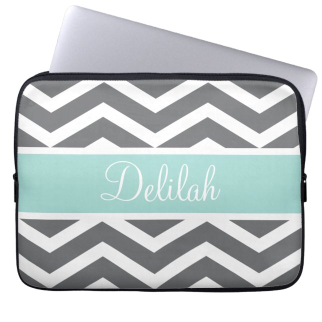 Housse Pour Ordinateur Portable Nom Turquoise gris blanc Chevron (Devant)